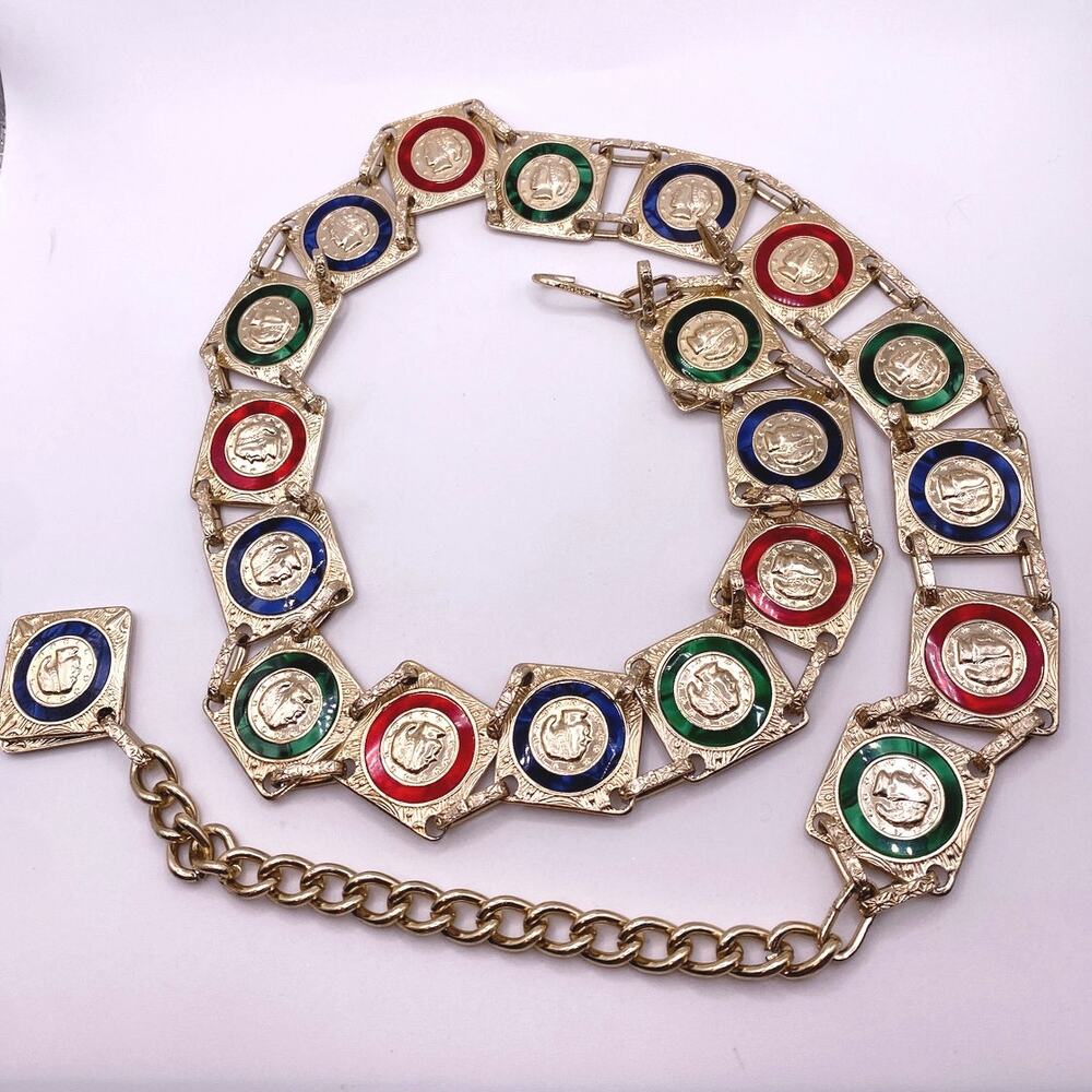 Vintage Belt Hong Kong Signed Gold Tone Enamel Color Coin 37 inches